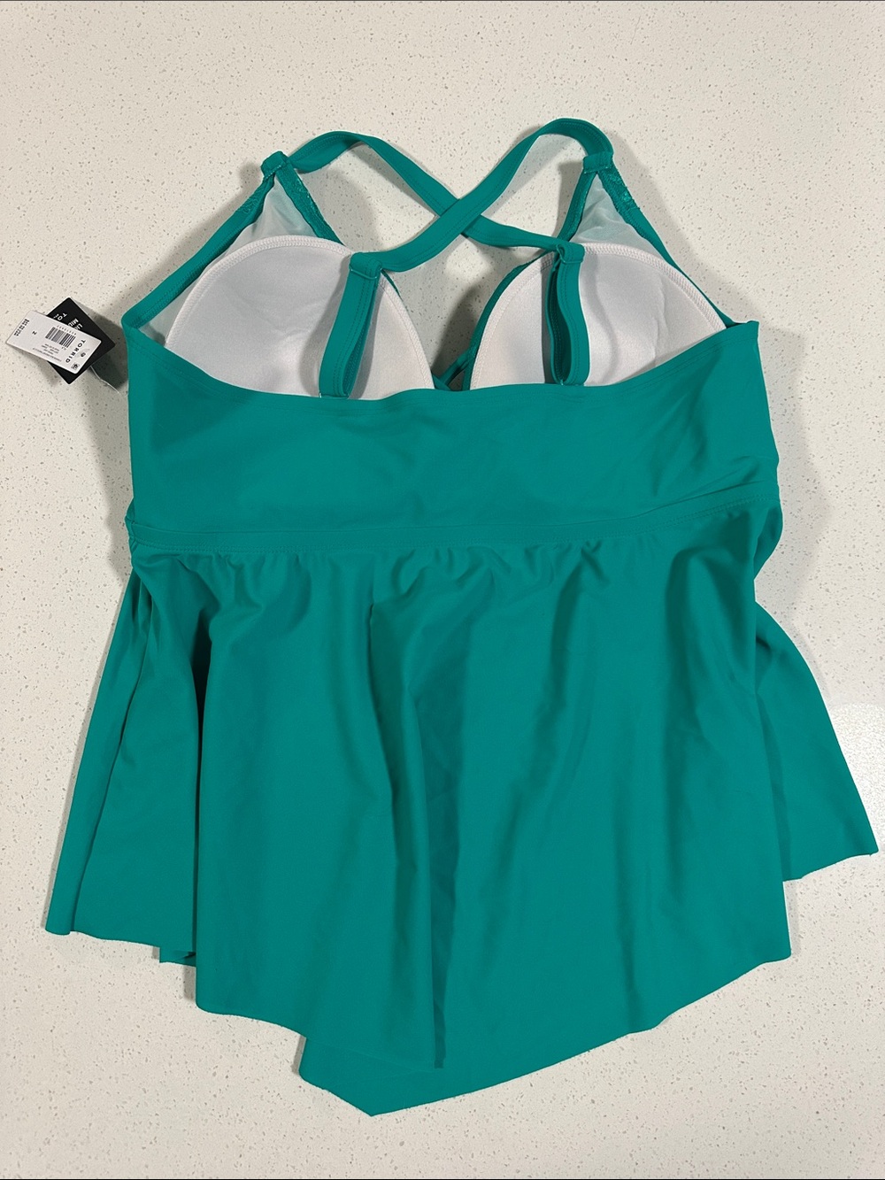 Torrid -Plunge Lace-Trim Teal Tankini Top with Crisscross Straps, Size:2 (18-20) - Picture 4 of 6